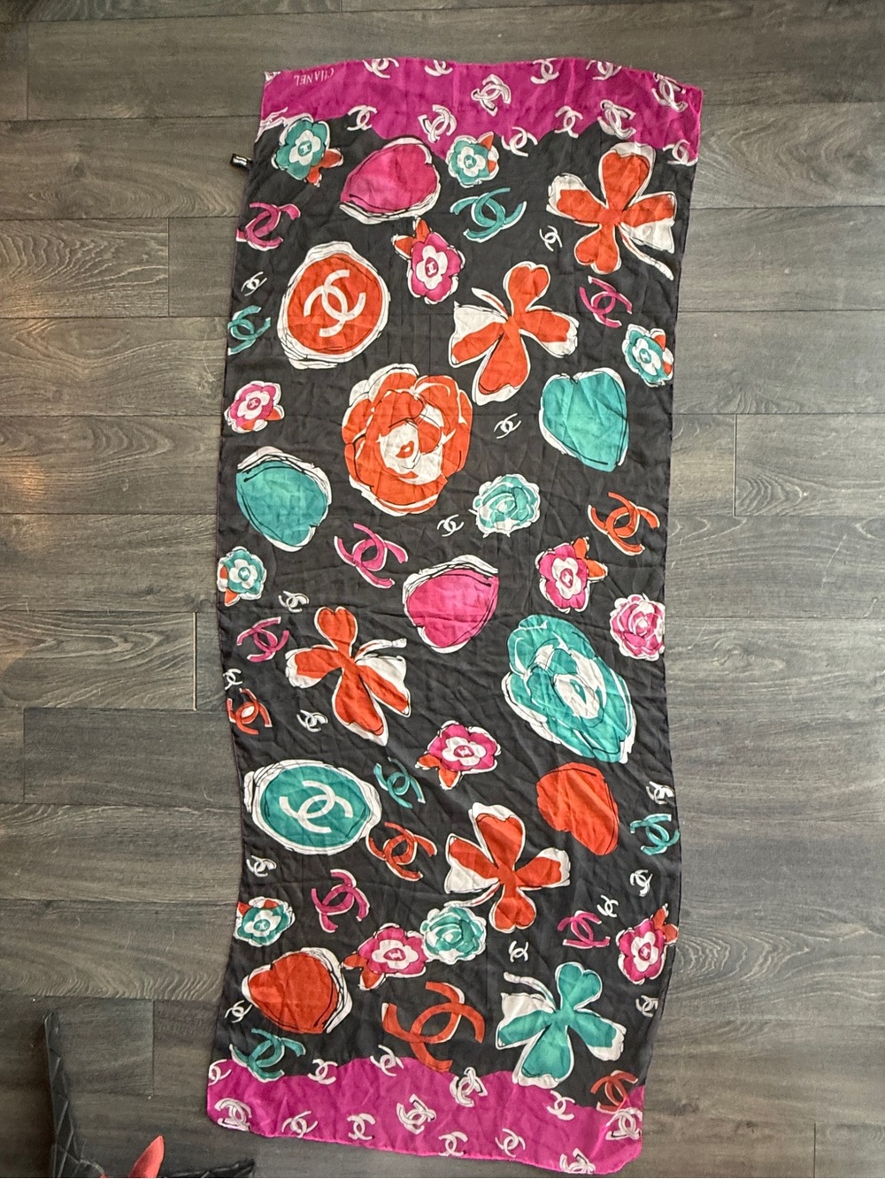 CHANEL Black Floral & Logo Print Silk Scarf with Orange, Teal, and Pink Accents